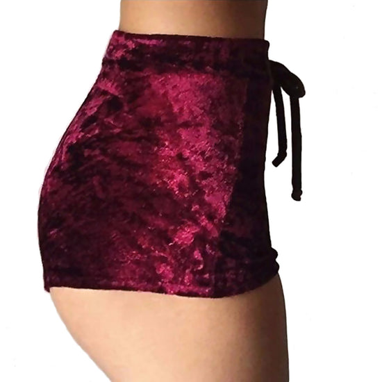 Image Title Dark Red Shiny High-Waist Velvet Booty Shorts - Back
